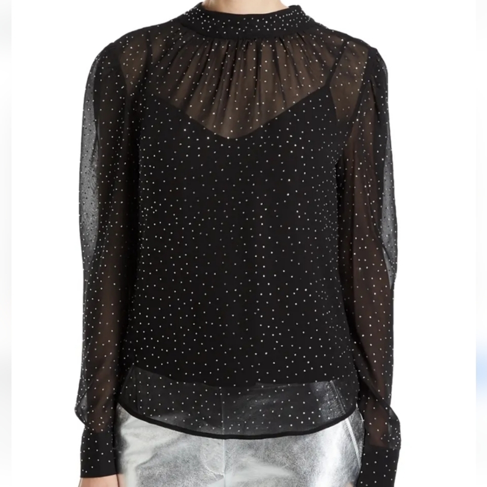 H&M Sheer Polka-Dot High Neck Long Sleeve Blouse Size Xs
